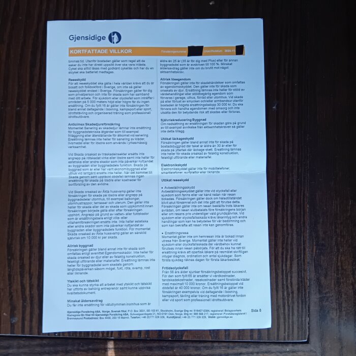 Försäkringsbrev från Gjensidige, sida åtta, med kortfattade villkor för olika typer av skydd och ersättningar, inklusive rese- och hemförsäkring.