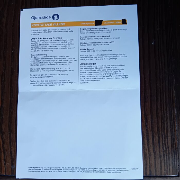 Försäkringsbrev från Gjensidige med kortfattade villkor och kontaktinformation, daterat 2024-11.