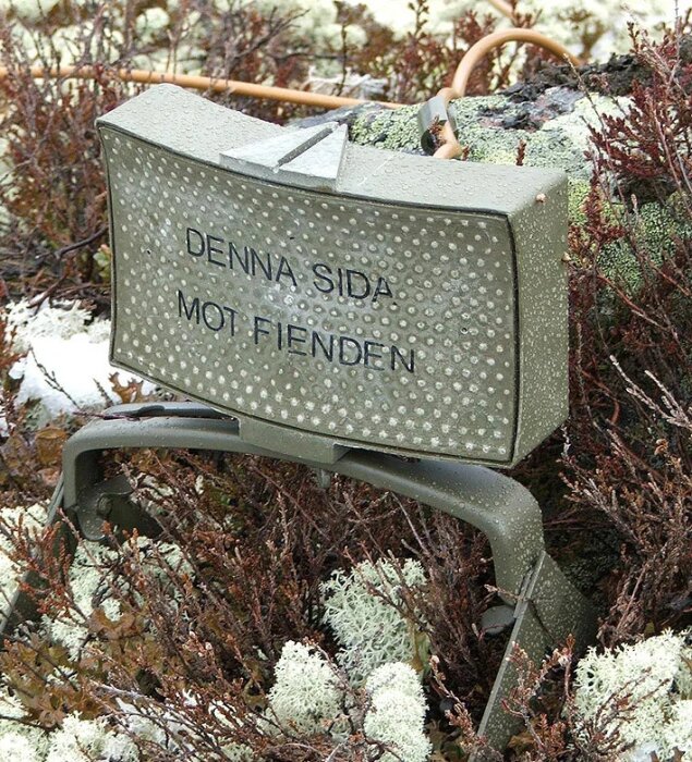 En grön, prickig enhet i vegetationen med texten "DENNA SIDA MOT FIENDEN" synlig på dess framsida.