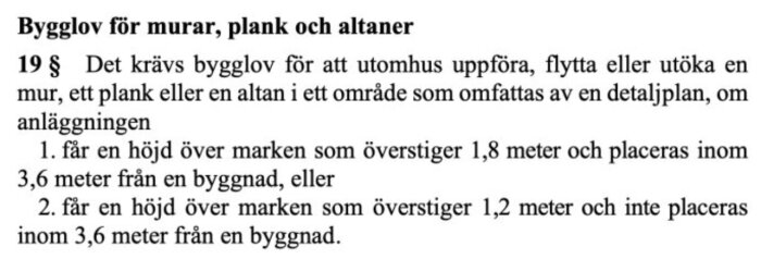Bygglovskrav för murar, plank och altaner som överstiger 1,8 m eller 1,2 m beroende på avstånd till byggnad enligt PBL paragraf 19 §.