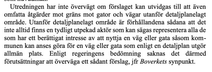 Utdrag ur en text som diskuterar förslag om bygglov och plankregler utanför detaljplanerade områden, med hänvisning till Boverkets synpunkt.