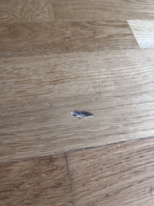 Hål i trägolv orsakat av fallande stol.