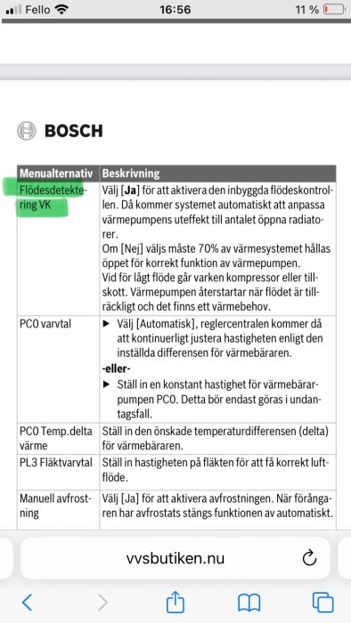 Instruktionssida för Bosch värmepump; beskriver alternativ för flödesdetektering, varvtal och avfrostning. Text markerad med grönt.