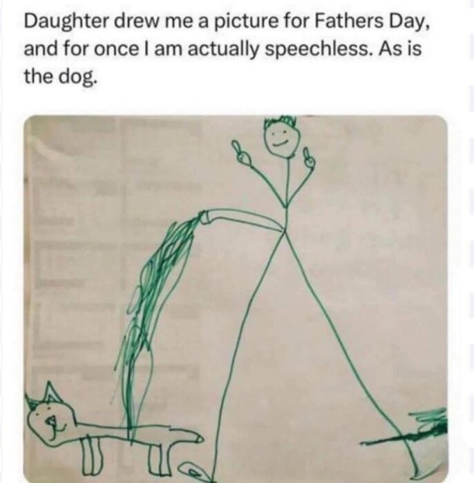 Barnteckning av en stickfigur med ett leende, som vattnar en hund med en slang, under en text om Fars dag.