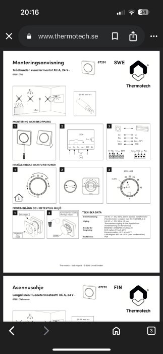 Monteringsanvisning för Thermotech 67291 rumstermostat, inklusive diagram och kopplingsschema.