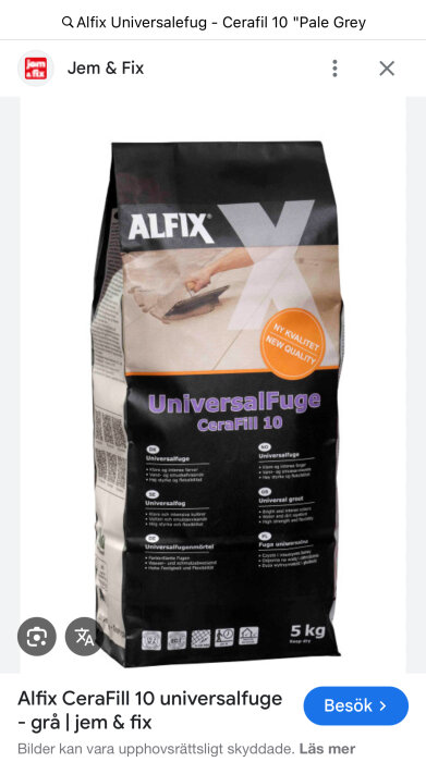 Påse med Alfix UniversalFuge CeraFill 10, grå, 5 kg. Texten indikerar hög kvalitet och vattenbeständighet.
