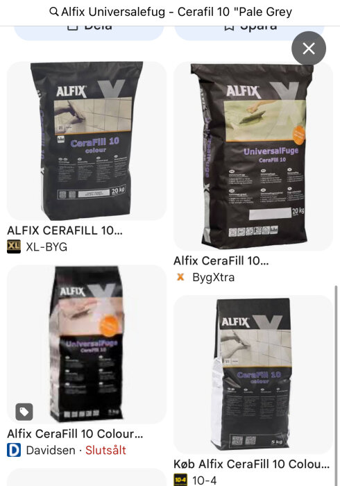 Fyra förpackningar av Alfix CeraFill 10 universal fogmassa i olika utföranden från olika återförsäljare.