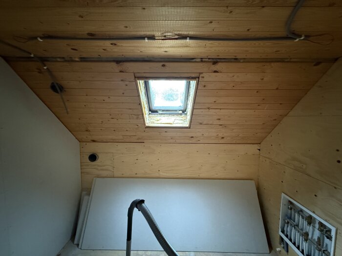 Ofärdigt badrum med takfönster, träpanel på taket och gipsskivor på golvet, synliga rör längs taket.