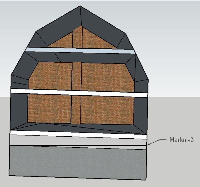 Illustration av parhusets murverk med lutning. Murens olika våningar visas med marknivå markerad.