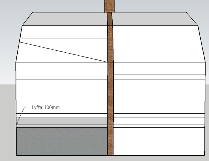 Diagram över en parhustegelmur, visar ett förslag att lyfta ett hörn 100 mm för att korrigera sättning.
