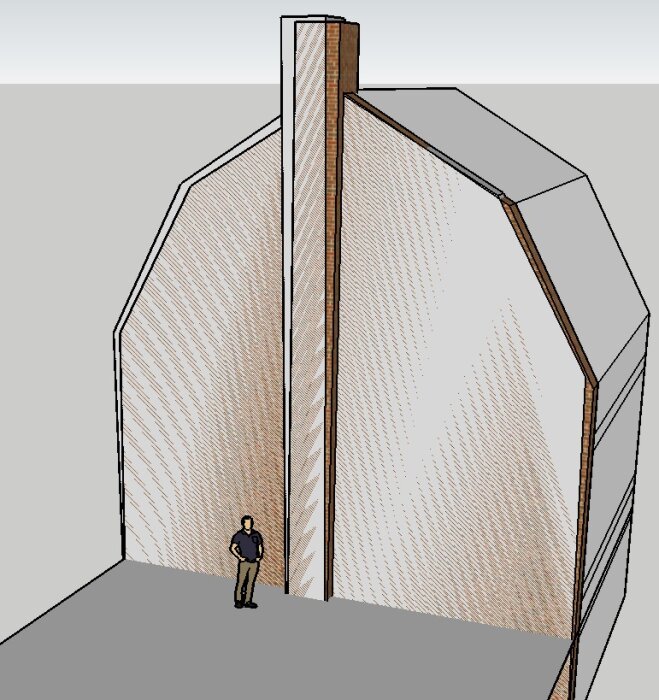 Illustration av en lutande mur i ett 20-tals parhus, med en person som står framför för skala. Baseras på en hypotetisk beräkning av murens lutning.