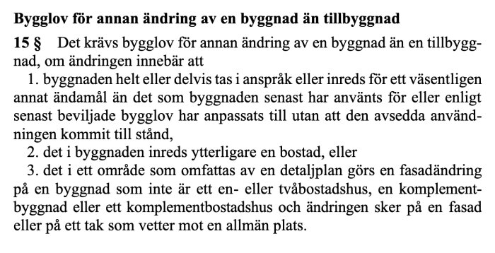 Ny lagtext om bygglov vid väsentligt ändrad användning av byggnad, inklusive undantag för komplementbostadshus och detaljer i detaljplanerade områden.