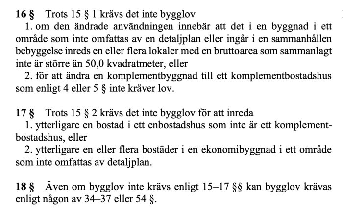 Utdrag ur lagtext om bygglovsfrihet för ändrad användning av byggnader utanför detaljplan, §16-18.