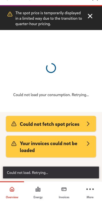 En appskärm med varningar om att spotpris och fakturor inte kan hämtas, samt meddelande om att förbrukning inte kan laddas.