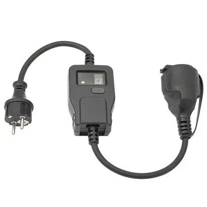 Strömbrytare med EU-kontakt och uttag på en kort kabel, säkerhetsbrytare i mitten.