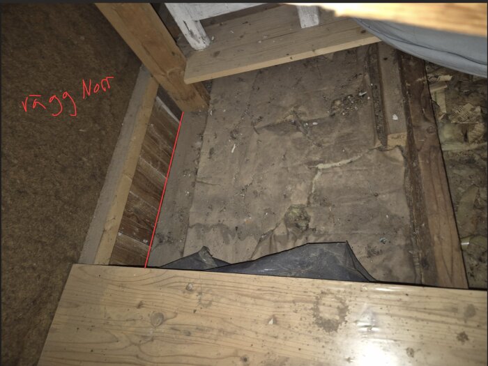 Golv på kallvind med träbjälkar, plastskikt och skräp. Rött streck markerar var kalluft kan strömma in vid väggen.