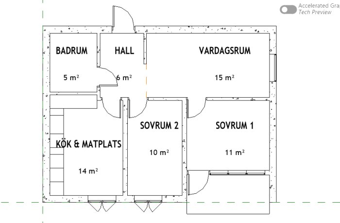 Planritning som visar en bostad med vardagsrum, sovrum, kök/matplats, badrum och hall, inklusive fönster- och dörrplaceringar.