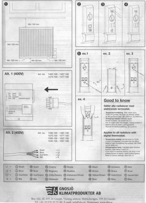 Instruktioner och information för Gnosjö klimatprodukter, visar radiatorer med termostatinställningar och anslutningsscheman för olika modeller.