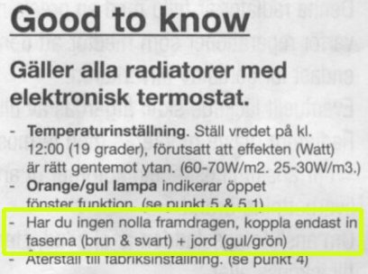 Termostatinstallationstips: "Har du ingen nolla framdragen, koppla endast in faserna (brun & svart) + jord (gul/grön).