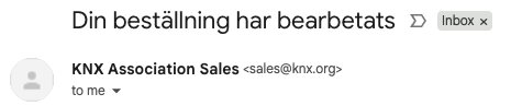 Skärmbild av e-postmeddelande från KNX Association Sales som bekräftar att en beställning har bearbetats.