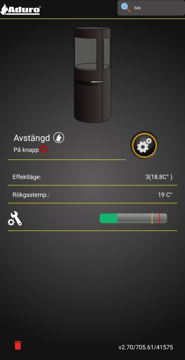 Display av Aduro H1 Hybridkamin-app som visar kaminen som avstängd, effektläge, och rökgastemperatur.