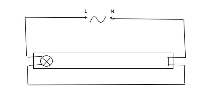 Diagram över kopplingsschema för LED-lysrör med elförsörjning vid ena änden och slutet kretslopp för säker inkoppling.