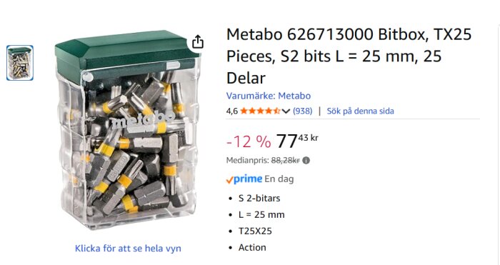 Metabo 626713000 Bitbox med 25 stycken TX25 bits, 25 mm långa, i en genomskinlig plastlåda med grönt lock, säljs till nedsatt pris.