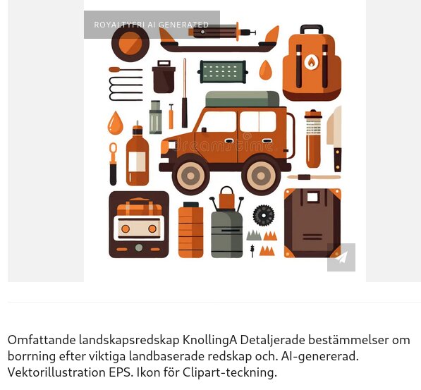 Illustration av olika landskapsredskap och en jeep, inklusive verktyg, oljedroppar, och utrustning i brun-orange färgskala.