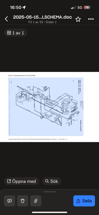 Elschema för äldre åkgräsklippare, visar elektriska komponenter och ledningar med numrerade markeringar för referens.