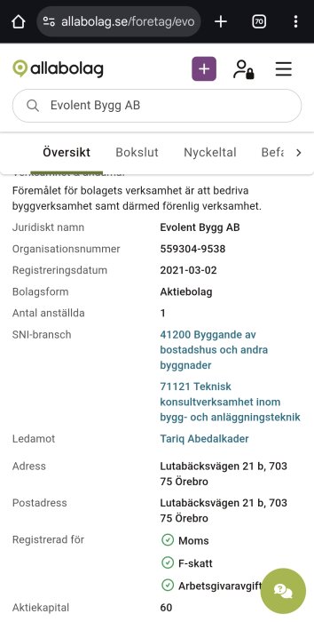 Skärmdump från allabolag.se med företagsinformation om Evolent Bygg AB, inklusive registreringsdatum och adress.