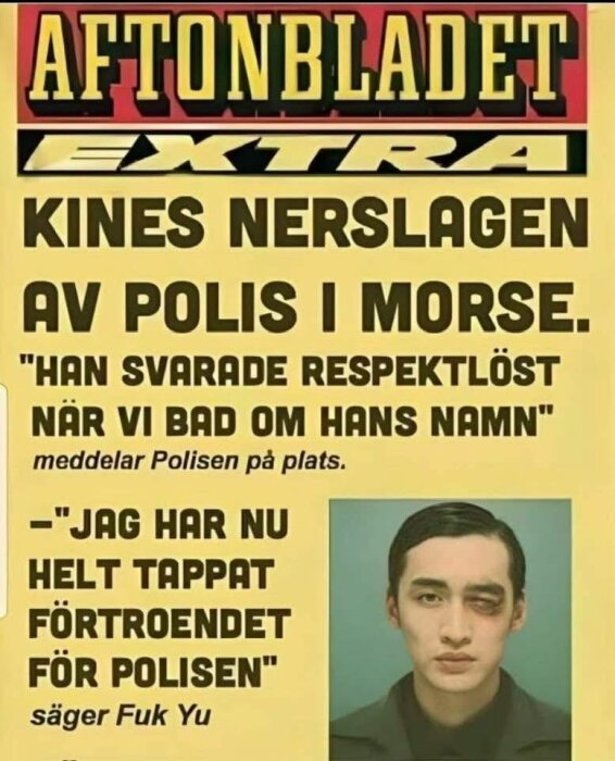 Bild på omslag från Aftonbladet Extra med rubrik om man som blivit nerslagen av polis och har synligt blåmärke kring ögat.