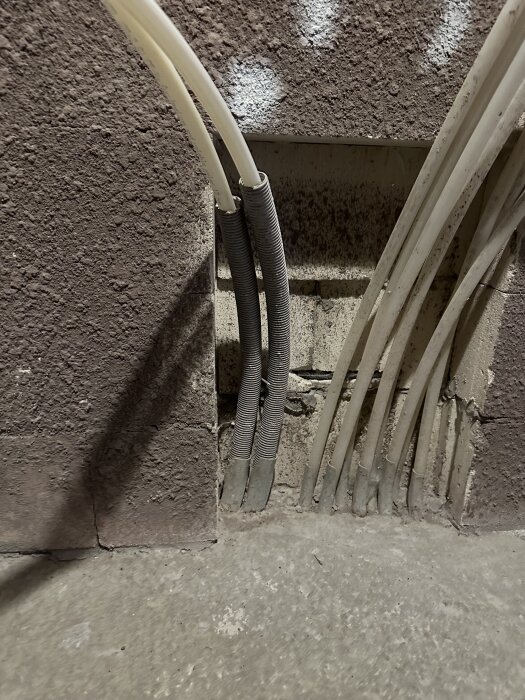 Golvvärmerör som sticker fram ur en murad vägg med en ursparing. Rören är del av ett ombyggnadsprojekt i ett badrum.