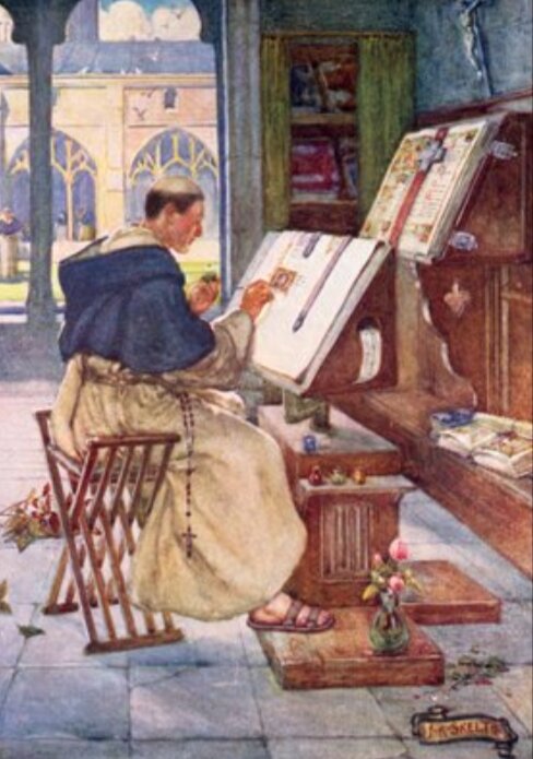 En munk i kloster skapar en illustrerad manuskript vid ett skrivbord, omgiven av böcker och blommor.