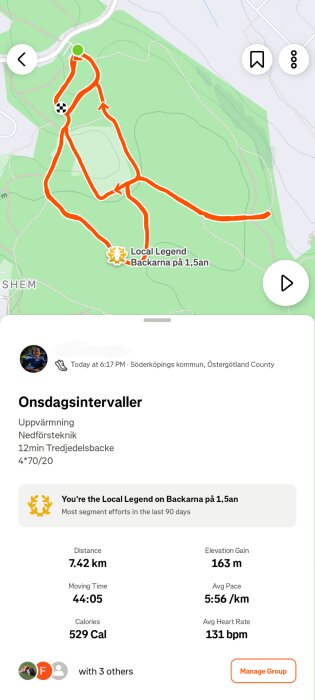 Karta över en löprunda i Söderköpings kommun, med distans 7,42 km, höjdmeter 163 m, och snittempo 5:56/km, samt uppmärkt "Local Legend".