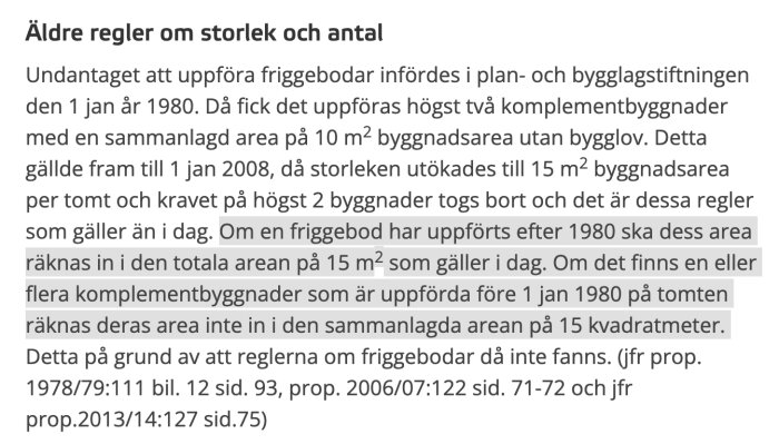 Textutdrag från Boverket som förklarar regler om storlek och antal för friggebodar och komplementbyggnader.
