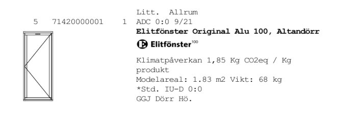 Ritning och specifikationer för Elitfönster Original Alu 100, altandörr. Informationen inkluderar mått och klimatpåverkan.