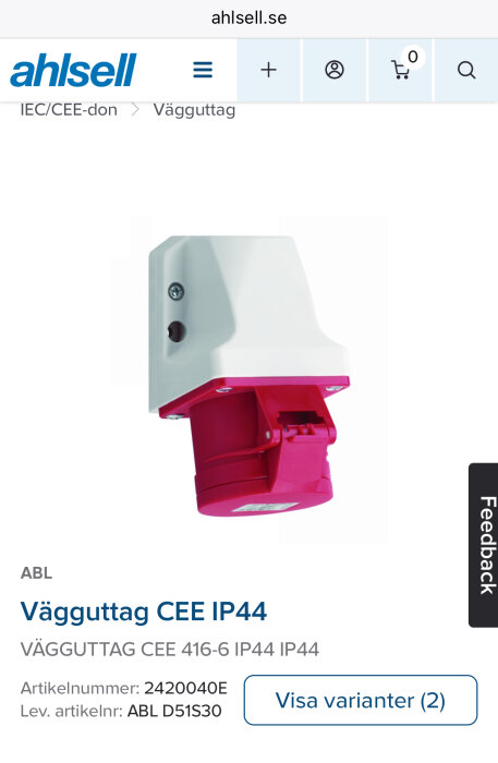 Vägguttag CEE IP44 i röd och vit färg, anpassat för 16A eller 32A, används för elinstallationer och kräver behörighet för anslutning.