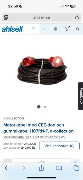 Motorkabel med CEE-don och gummikabel H07RN-F, 32A, röd kontakt, visas i annons från Ahlsell.