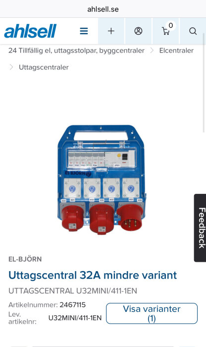 Uttagscentral 32A mindre variant med flera uttag i rött och blått, från El-Björn, artikelnummer 2467115, visas på Ahlsell webbplats.