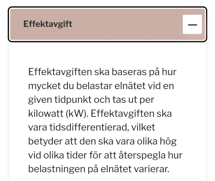 Effektavgift text beskriver hur elnätets belastning vid tidpunkter påverkar avgiftens storlek, mätt i kilowatt och tidsskillnad.