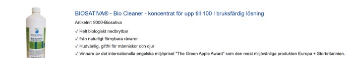 Flaska med BIOSATIVA Bio-Reiniger koncentrat och text om dess biologiska och hudvänliga egenskaper samt miljöpris "The Green Apple Award".