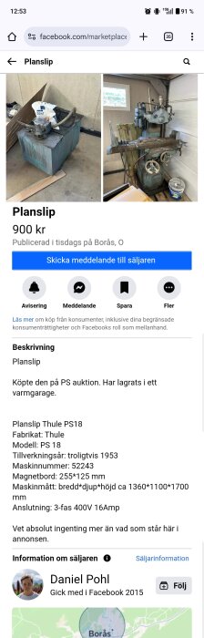 Planslip Thule PS18, troligen tillverkad 1953, visas i ett garage. Maskinen är placerad på golvet med några föremål bredvid.