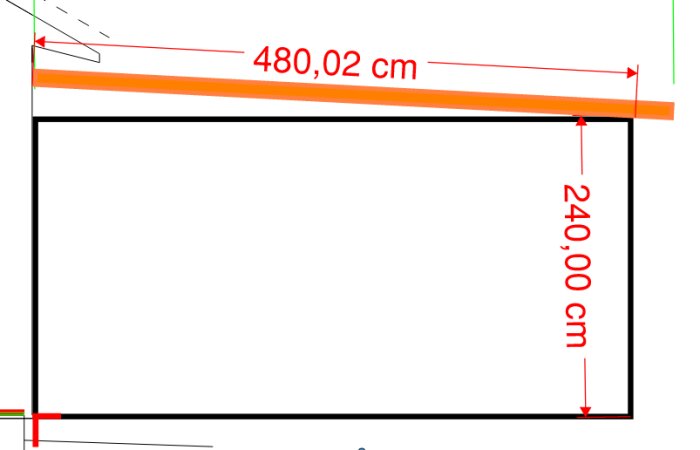 Ritning av tillbyggnad mot befintligt hus med måtten 480,02 cm x 240,00 cm, illustrerar taklutning och konstruktionens spännvidd enligt inlägget.