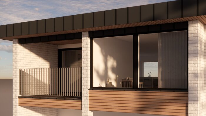 Balkong på ett sutteränghus med mexitegel, delvis inglasad, med träräcke och stora fönster mot vardagsrum, planerad utbyggnad synlig.