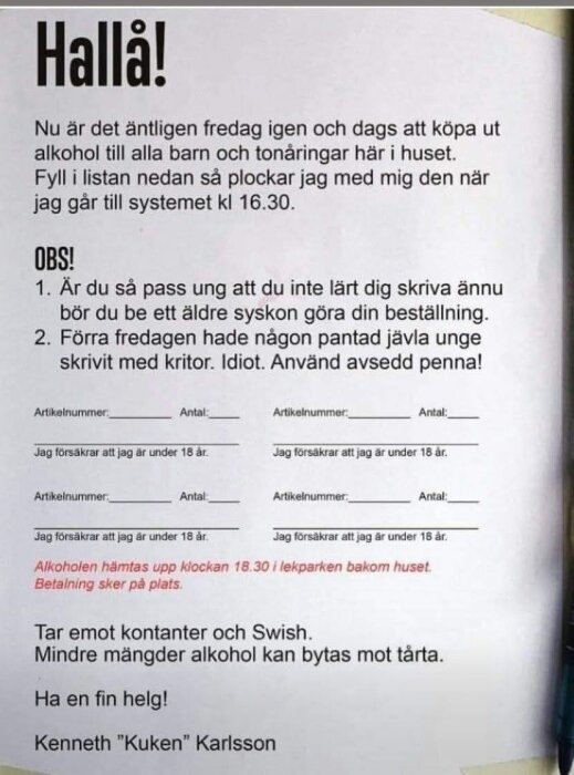 En humoristisk lapp om att köpa ut alkohol till minderåriga, med beställningsblankett, humoristiska regler och betalningsinstruktioner.