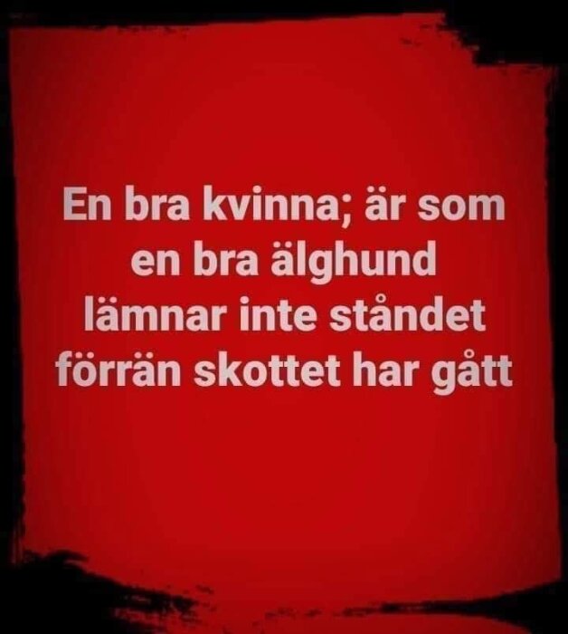 Vit text på röd bakgrund: "En bra kvinna; är som en bra älghund lämnar inte ståndet förrän skottet har gått".