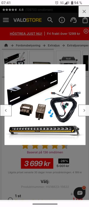 LED-ramp med relä, ledningsdragning, monteringsfäste och XBB-dongel visas i produktannons på Valostore-webbplats, pris 3699 kr.