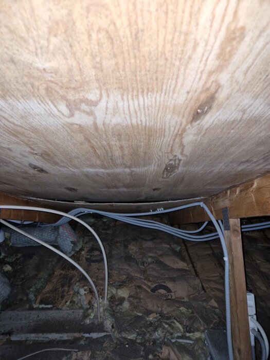 Plywoodtak på vinden med nerhängning och minskad ventilation, omgivet av trästöttor och synliga elektriska kablar.