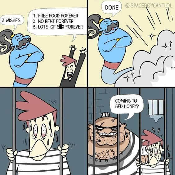 En tecknad serie med en man som önskar sig tre saker av en ande, och slutligen hamnar i fängelse med en fånge som frågar om han ska komma och lägga sig.