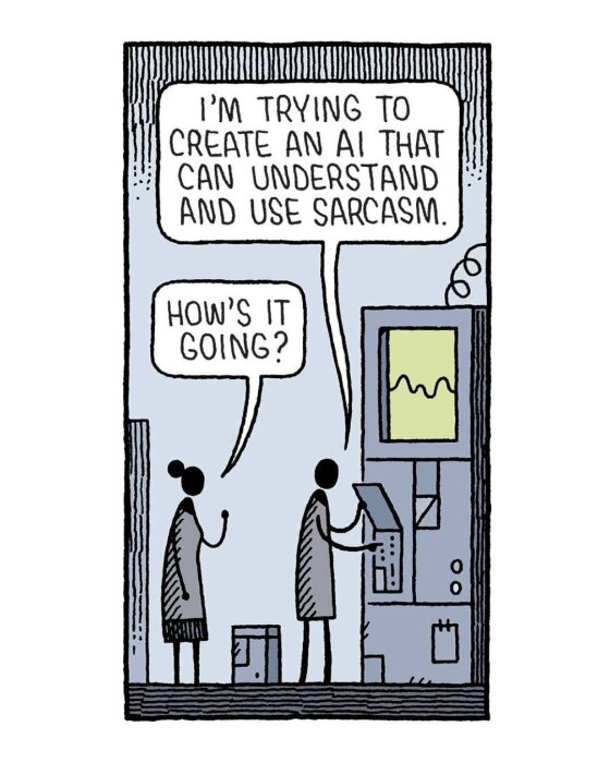 Två personer pratar om att skapa en AI som förstår och använder sarkasm, en står vid en dator.